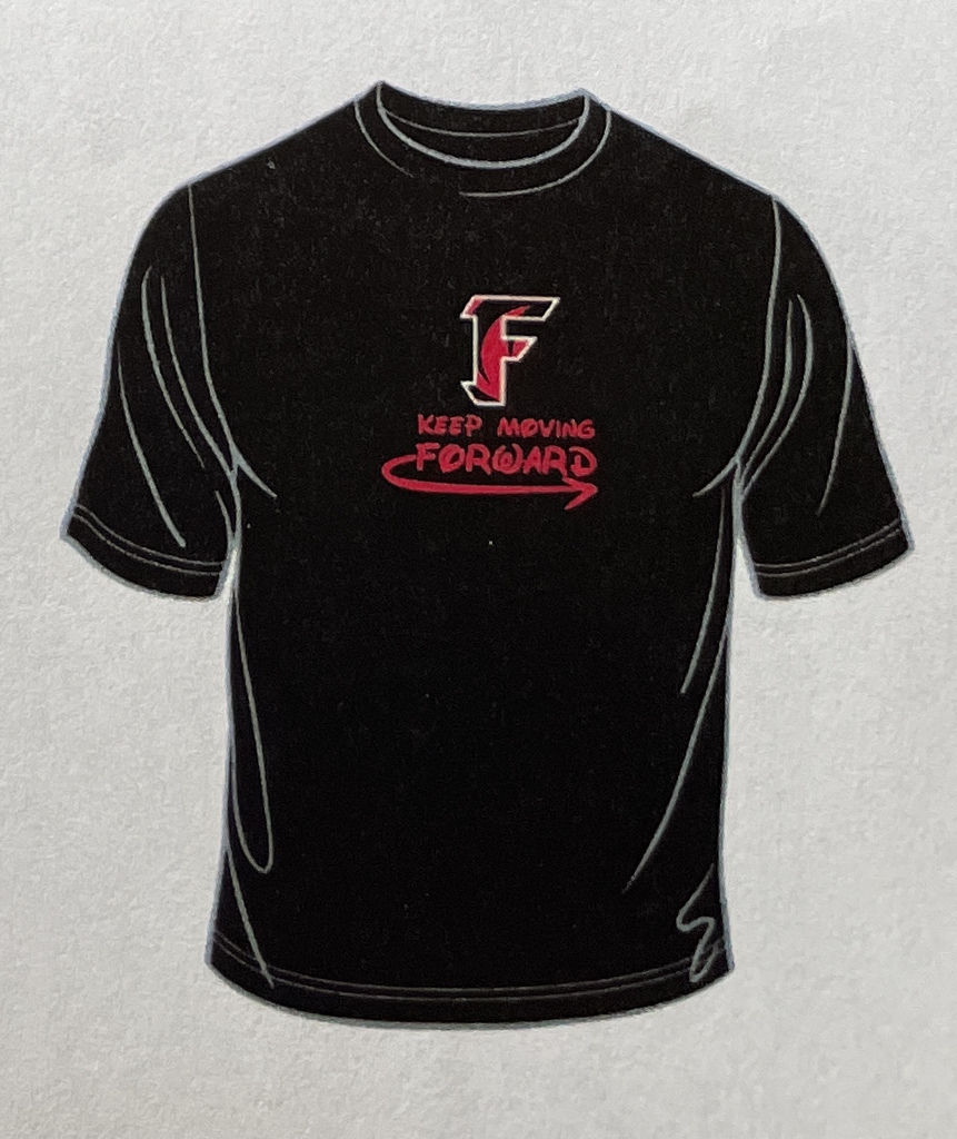 tshirt saying keep moving forward with fairview logo
